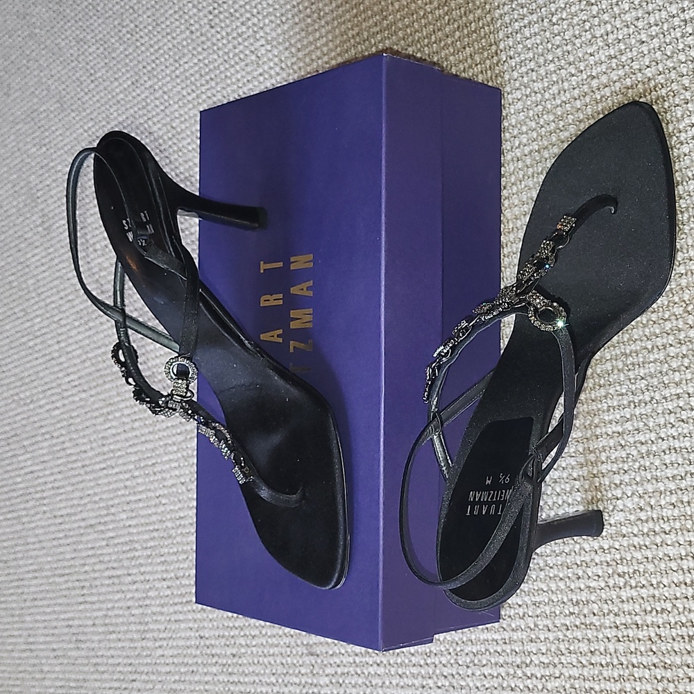 Stuart Weitzman Ice Maiden black satin embellished evening sandals, Sz 9.…